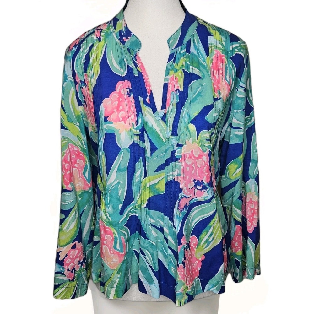Lilly Pulitzer Women's Sarasota Tunic Top Size Small Ikat Blue Island Print